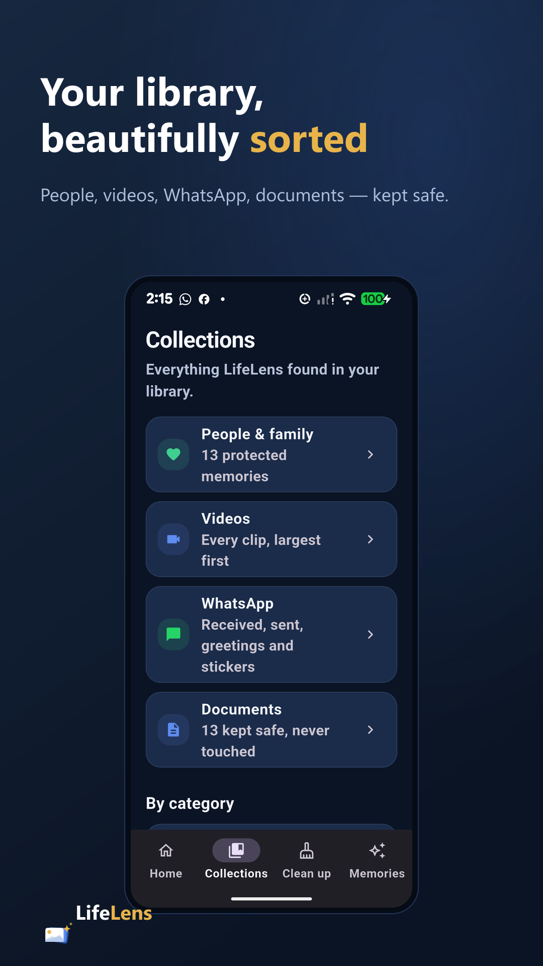 LifeLens collections for people, videos, WhatsApp media, and documents